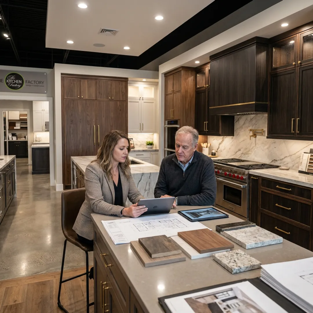 Designer reviewing custom kitchen cabinet plans
