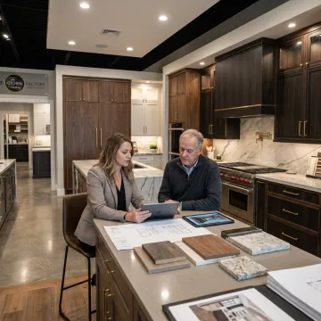 Designer reviewing custom kitchen cabinet plans