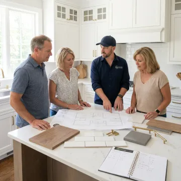 Designer reviewing custom cabinet plans in a kitchen