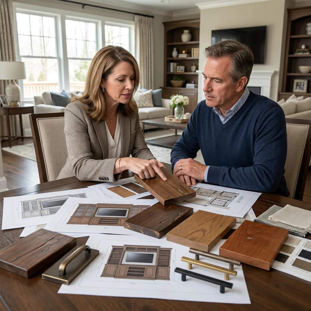 Designer reviewing plans for a custom entertainment center