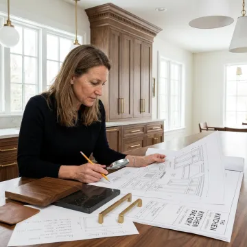 Designer reviewing cabinet installation plans
