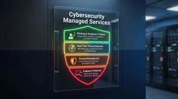 Four-layer small business cybersecurity managed services components infographic