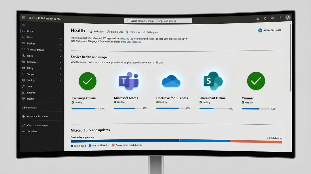 Cloud computing dashboard showing Microsoft 365 and SaaS application management interface