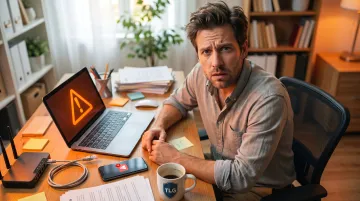 Small business owner stressed at desk surrounded by technology and security warning signs