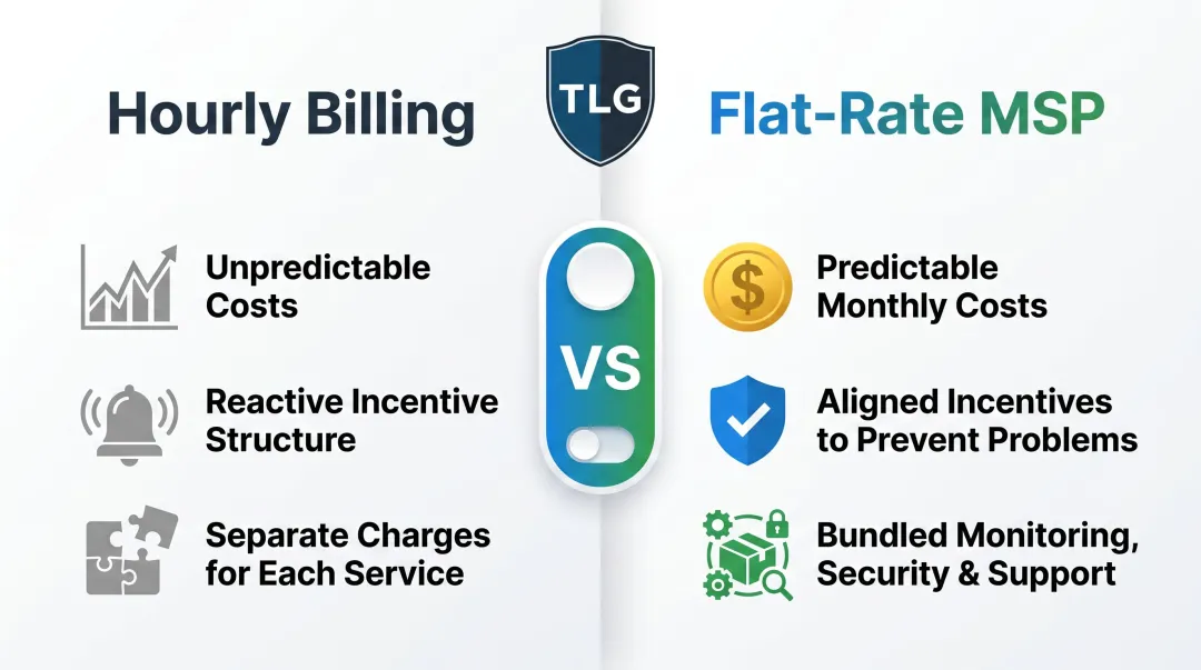 Hourly billing versus flat-rate MSP pricing model benefits side-by-side comparison