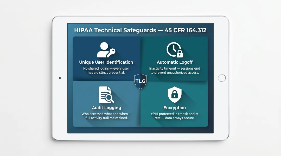Four HIPAA technical safeguard requirements under 45 CFR 164.312 compliance overview