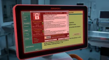 Healthcare ransomware attack warning screen on hospital computer system display