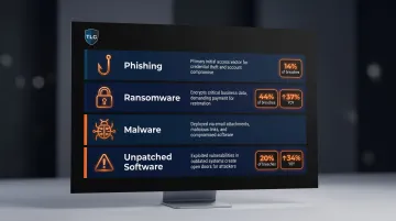 Top four cyber threats targeting SMBs with breach percentage statistics infographic