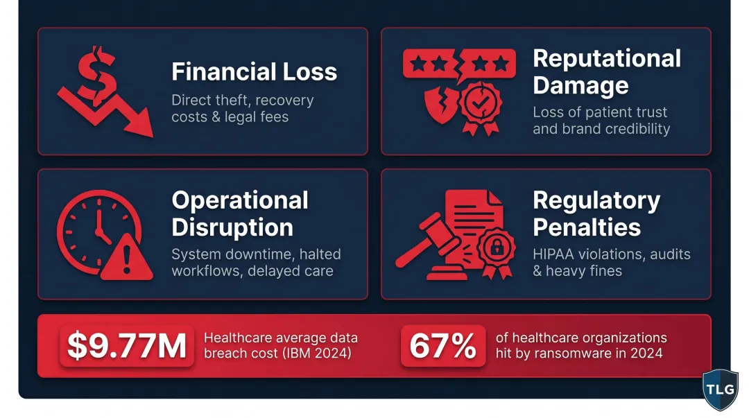 Four cybersecurity breach consequences infographic with healthcare industry cost data