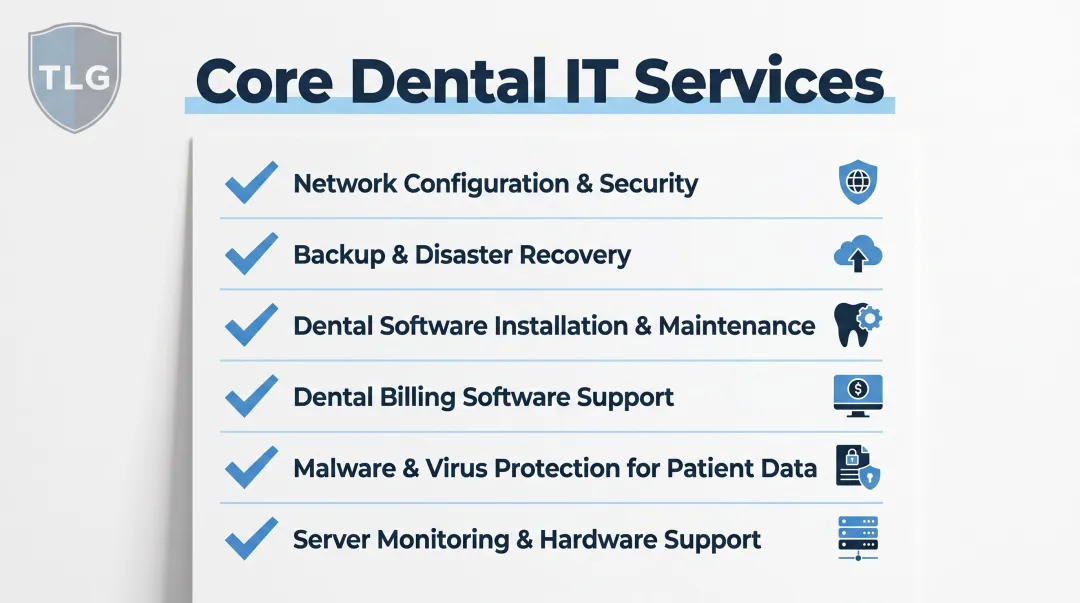 Dental IT support core services checklist covering network security and software maintenance