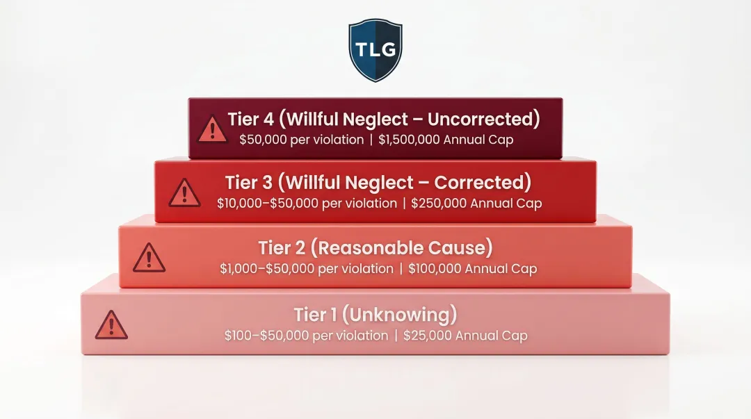 HIPAA civil penalty four-tier structure showing culpability levels and annual caps