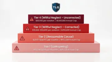 HIPAA civil penalty four-tier structure showing culpability levels and annual caps