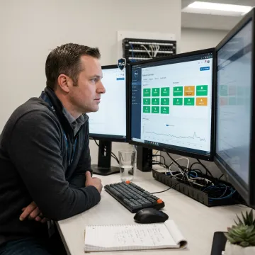 Technician reviewing network performance and alerts