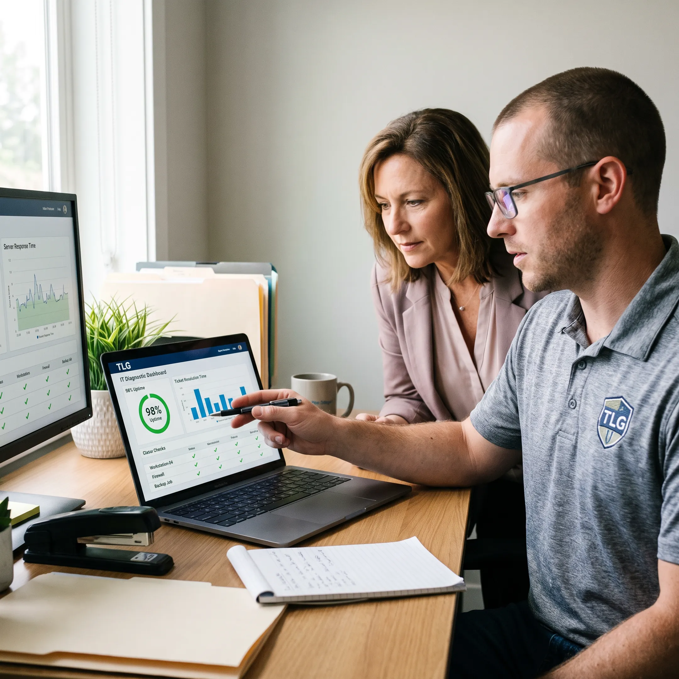 Technician reviewing computer diagnostics with client