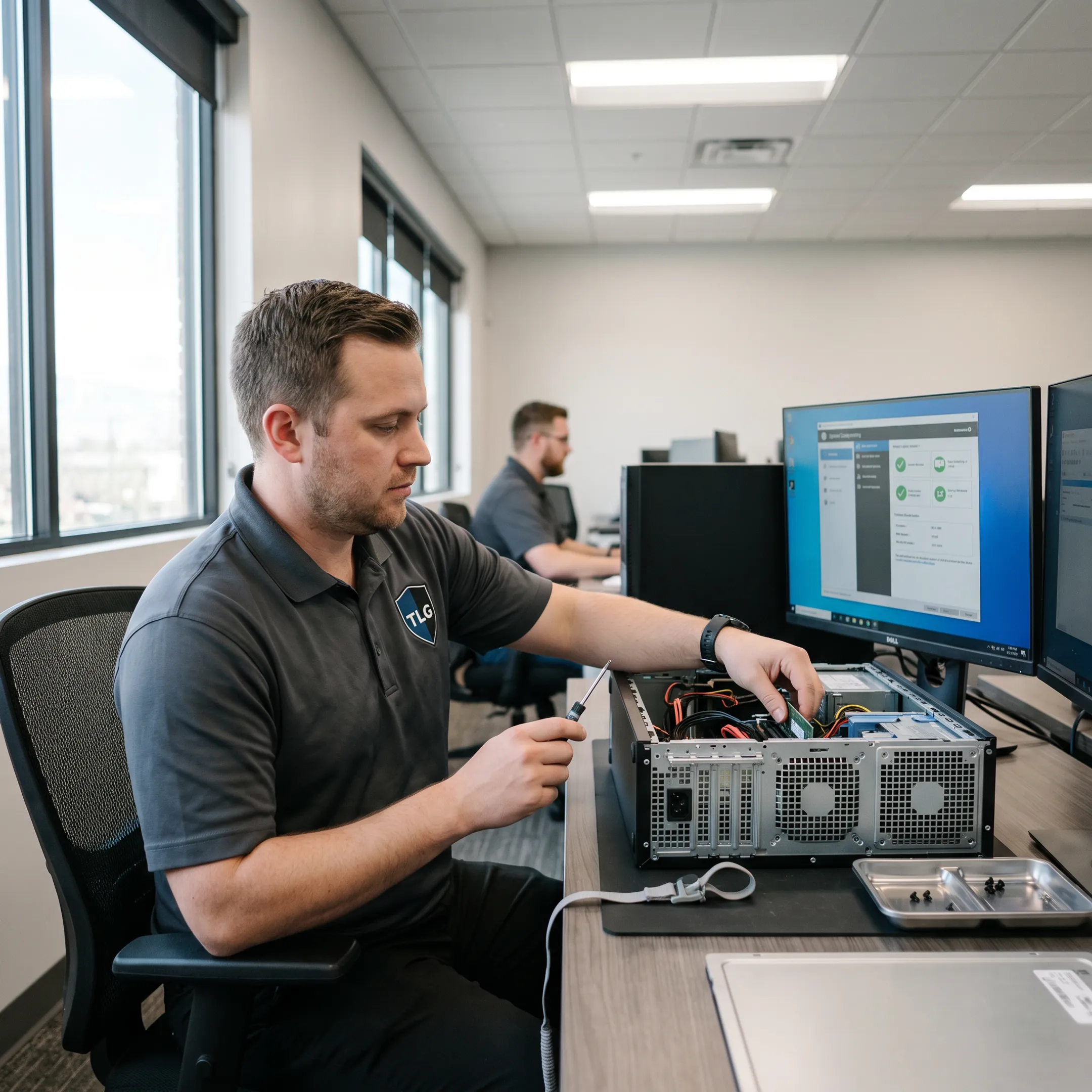 Technician diagnosing an office desktop computer