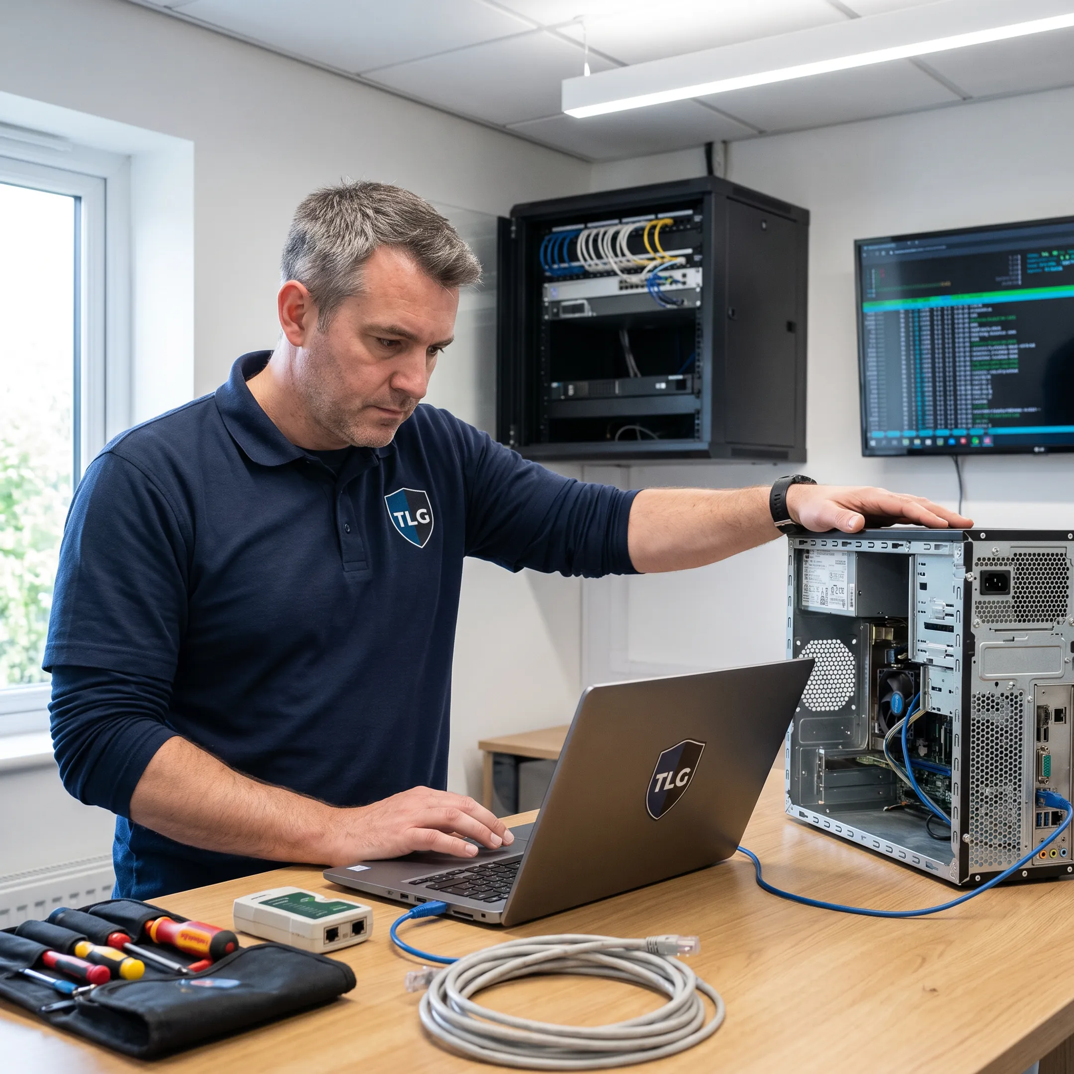 IT technician repairing a business desktop computer