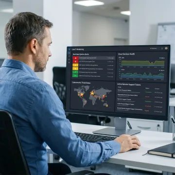 Business owner reviewing remote IT support dashboard