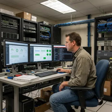 IT specialist reviewing network performance for a business