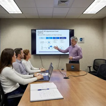 Consultant presenting a Microsoft project plan to a business team