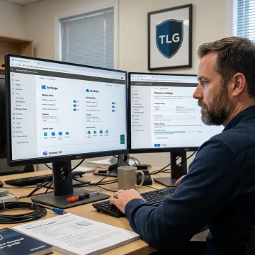 Technician reviewing Microsoft 365 backup and recovery settings