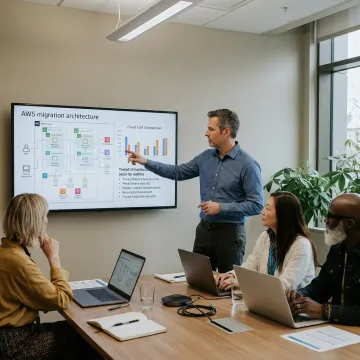 Consultant explaining AWS migration benefits to startup team