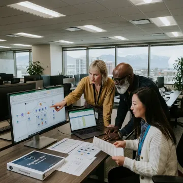 Startup team reviewing AWS cloud migration plan