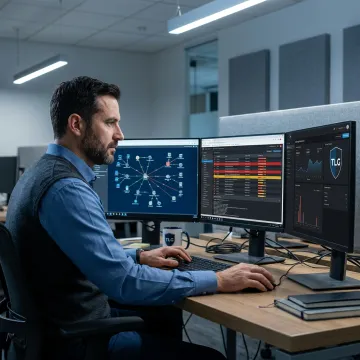 Cybersecurity analyst reviewing network security