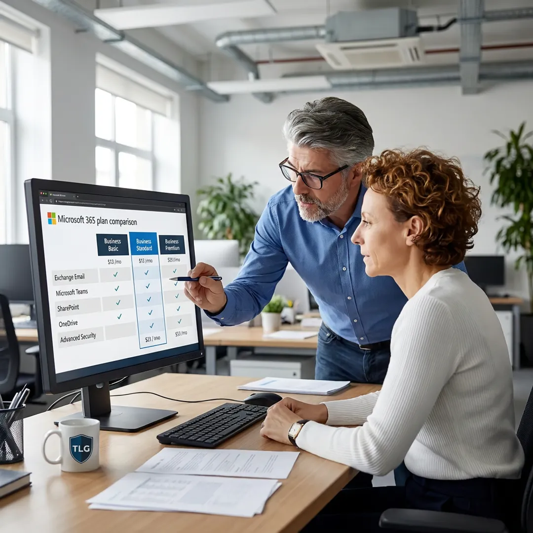 Business owner reviewing Microsoft 365 options with an IT advisor