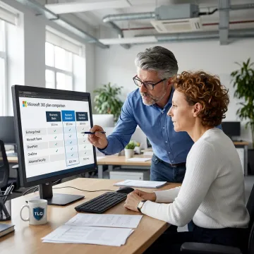 Business owner reviewing Microsoft 365 options with an IT advisor