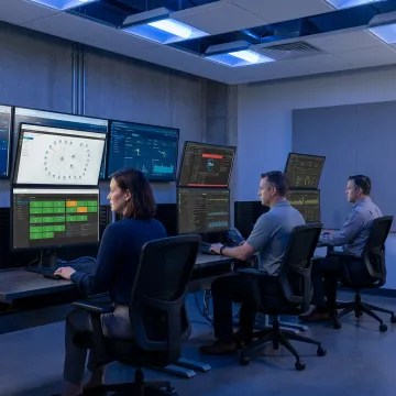 IT team monitoring network infrastructure dashboards