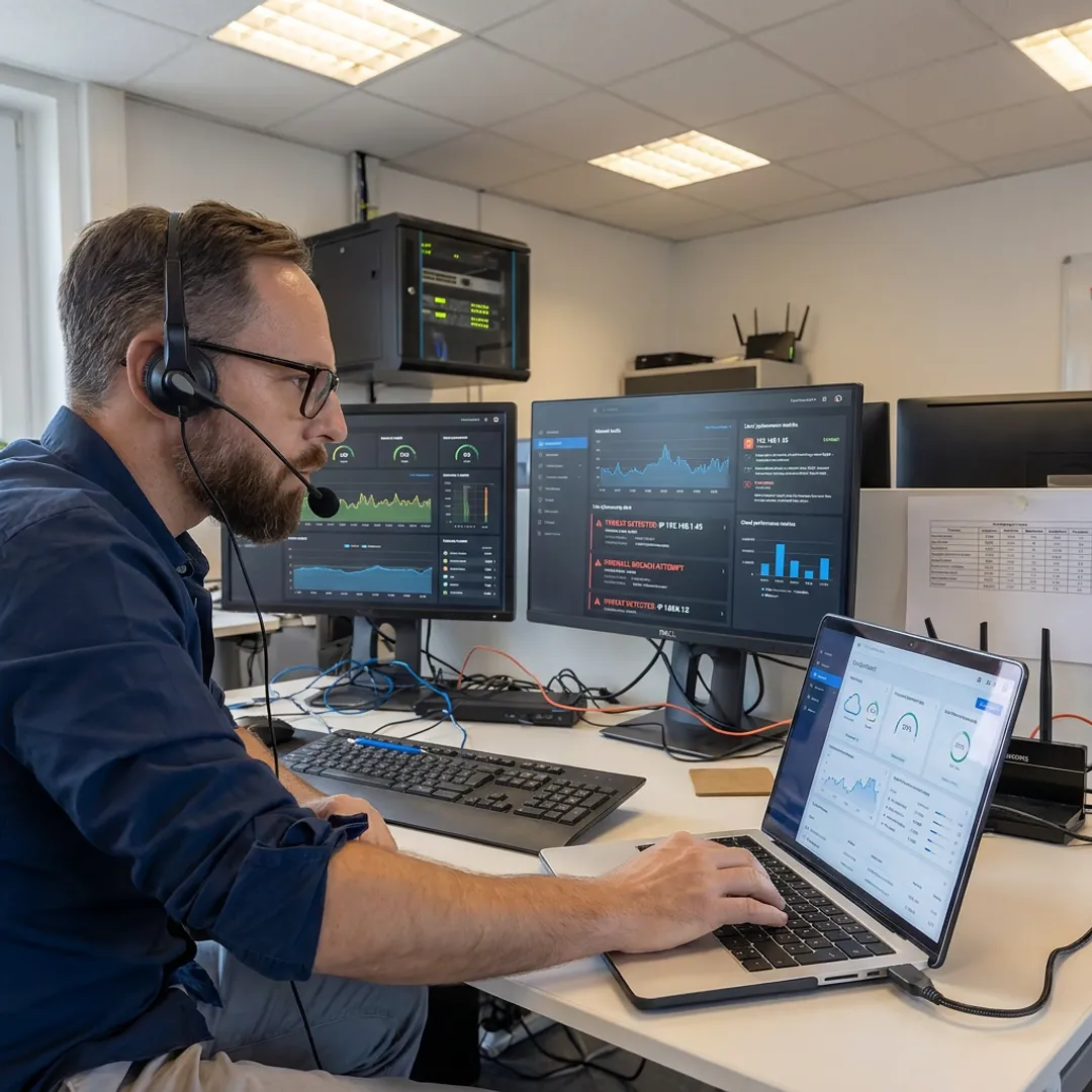 Technician managing business IT systems