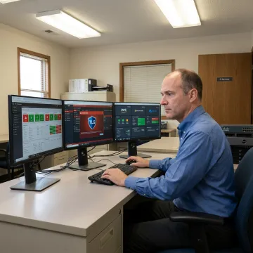Managed IT technician reviewing systems for a business