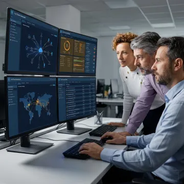 Cybersecurity team monitoring business network threats