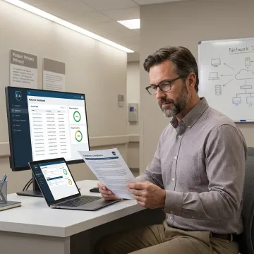 Healthcare IT consultant reviewing HIPAA compliance systems