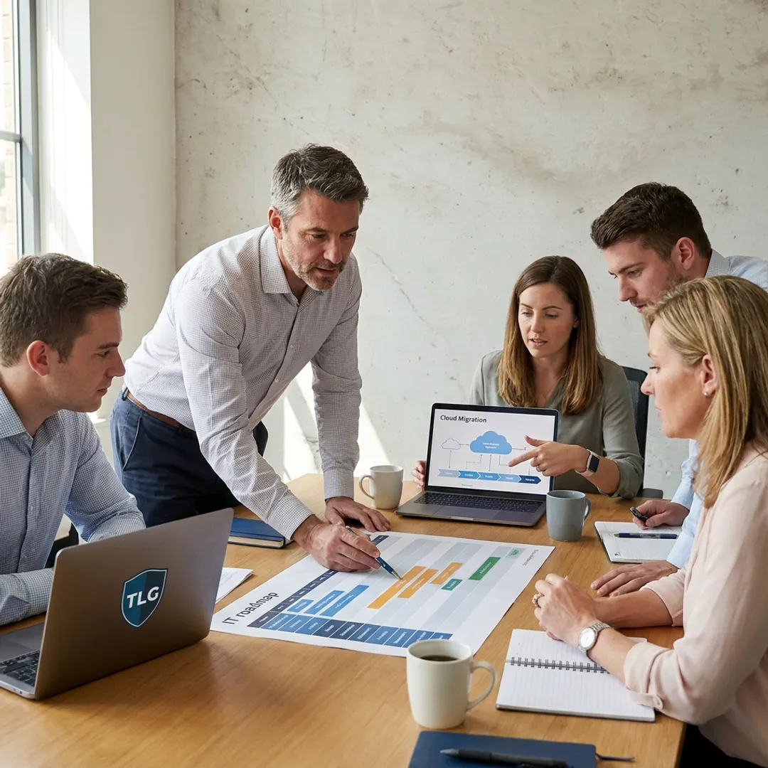 Startup team reviewing IT roadmap