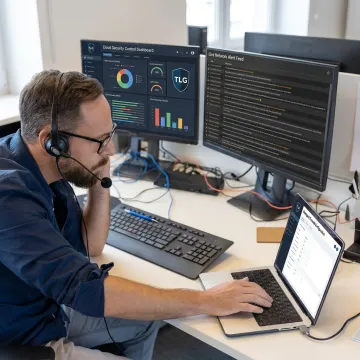 Technician reviewing firewall and cloud security controls