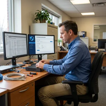Technician securing office WiFi network