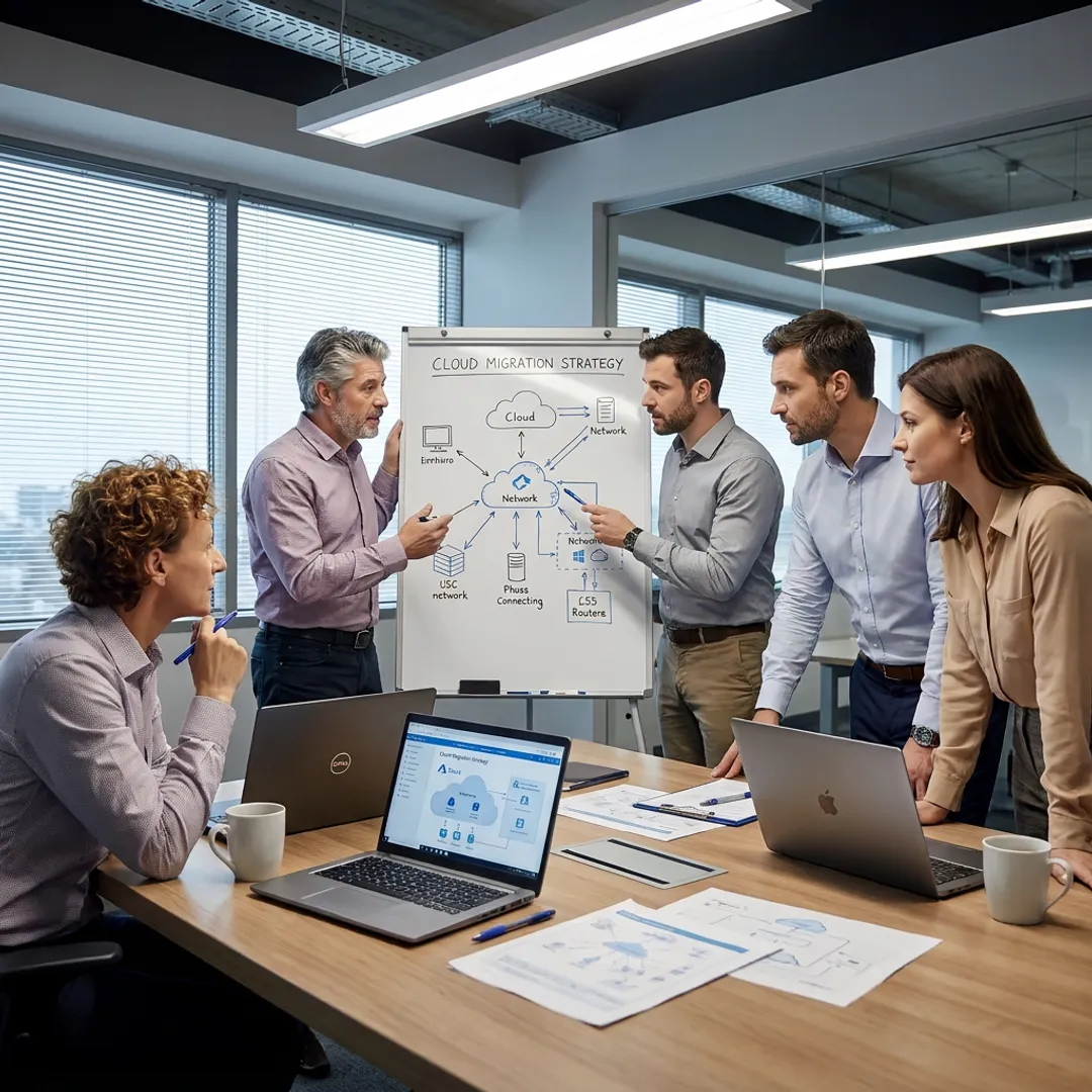 Cloud migration strategy meeting with IT specialists