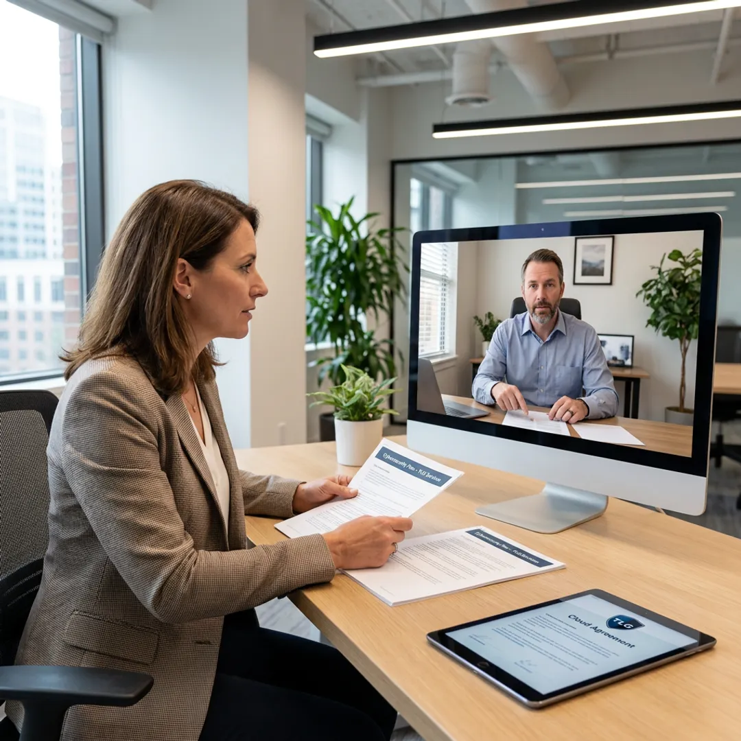Business owner reviewing remote IT support with technician