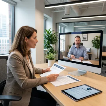 Business owner reviewing remote IT support with technician