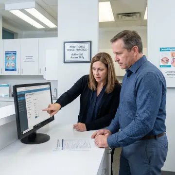 Dental office team reviewing secure compliance systems
