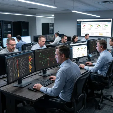 Cybersecurity compliance team monitoring secure business systems