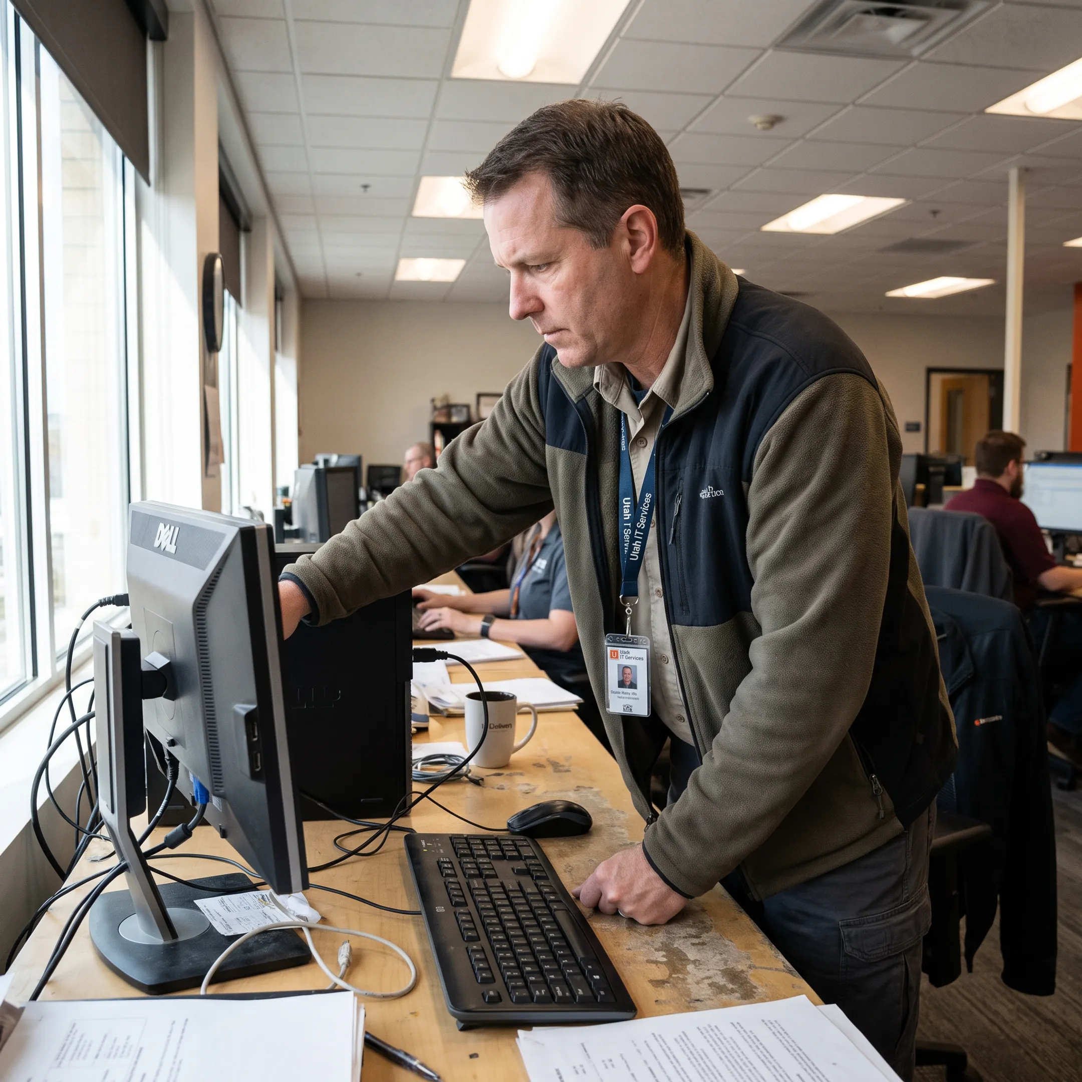 Technician troubleshooting an office computer