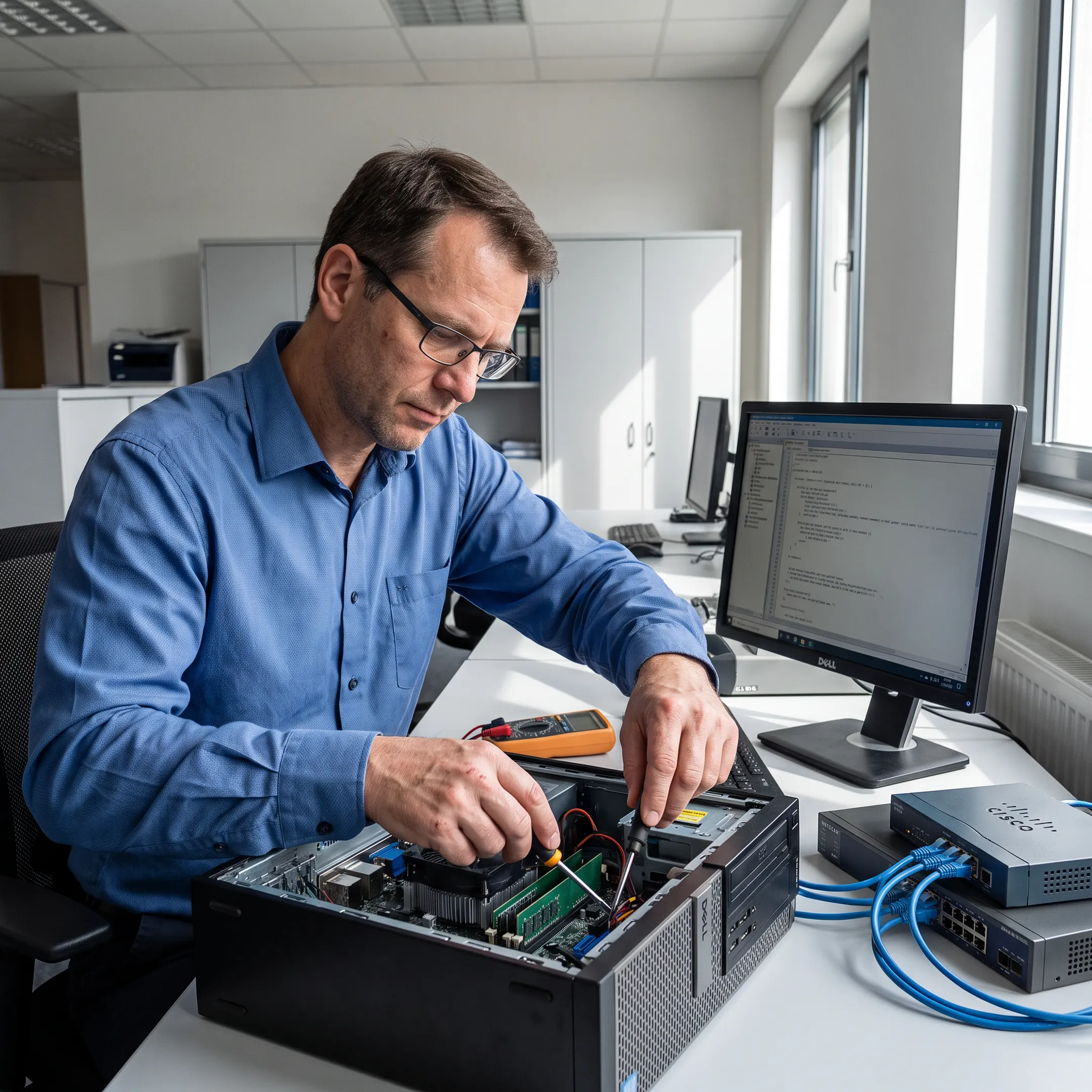 IT technician repairing a desktop computer