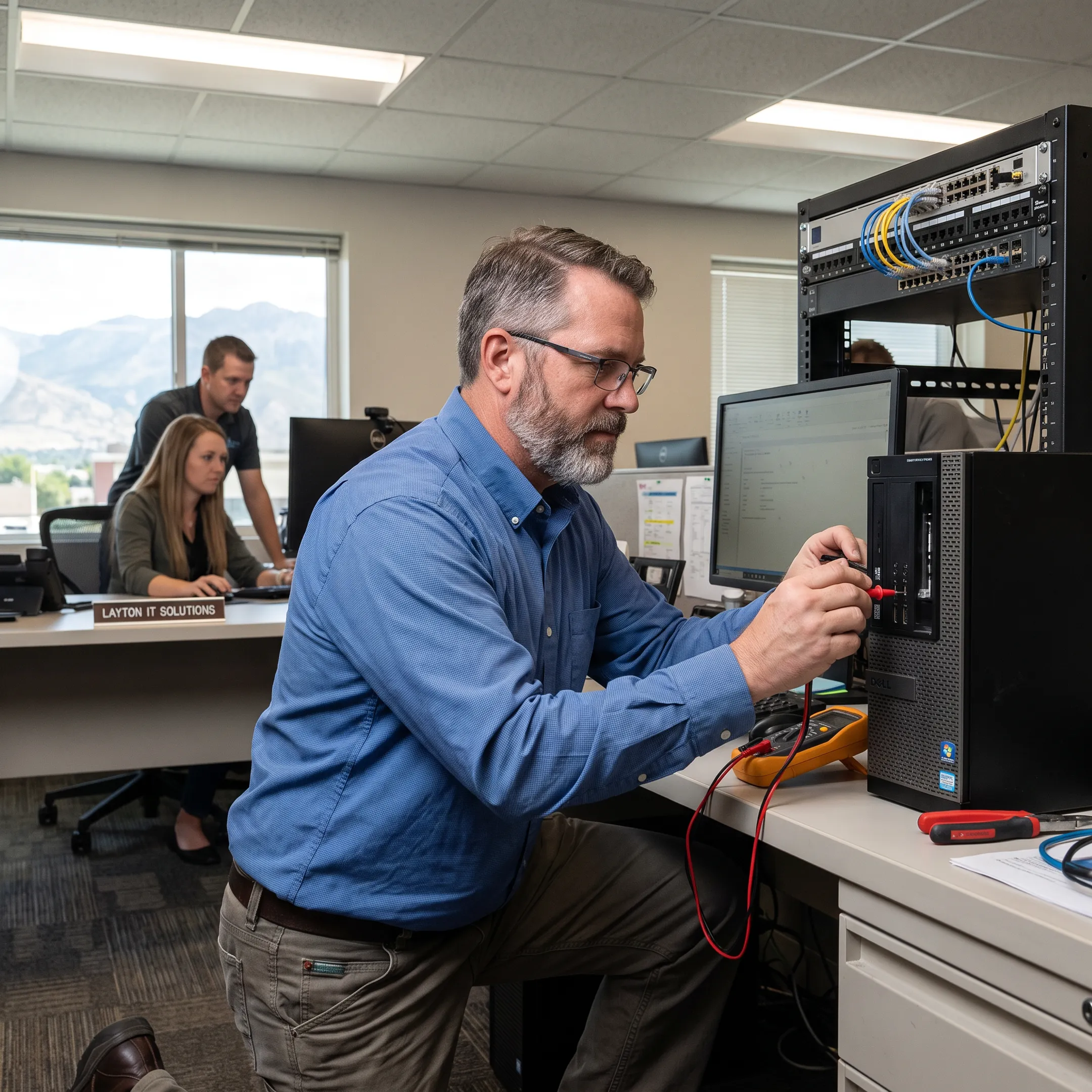 IT technician repairing an office computer