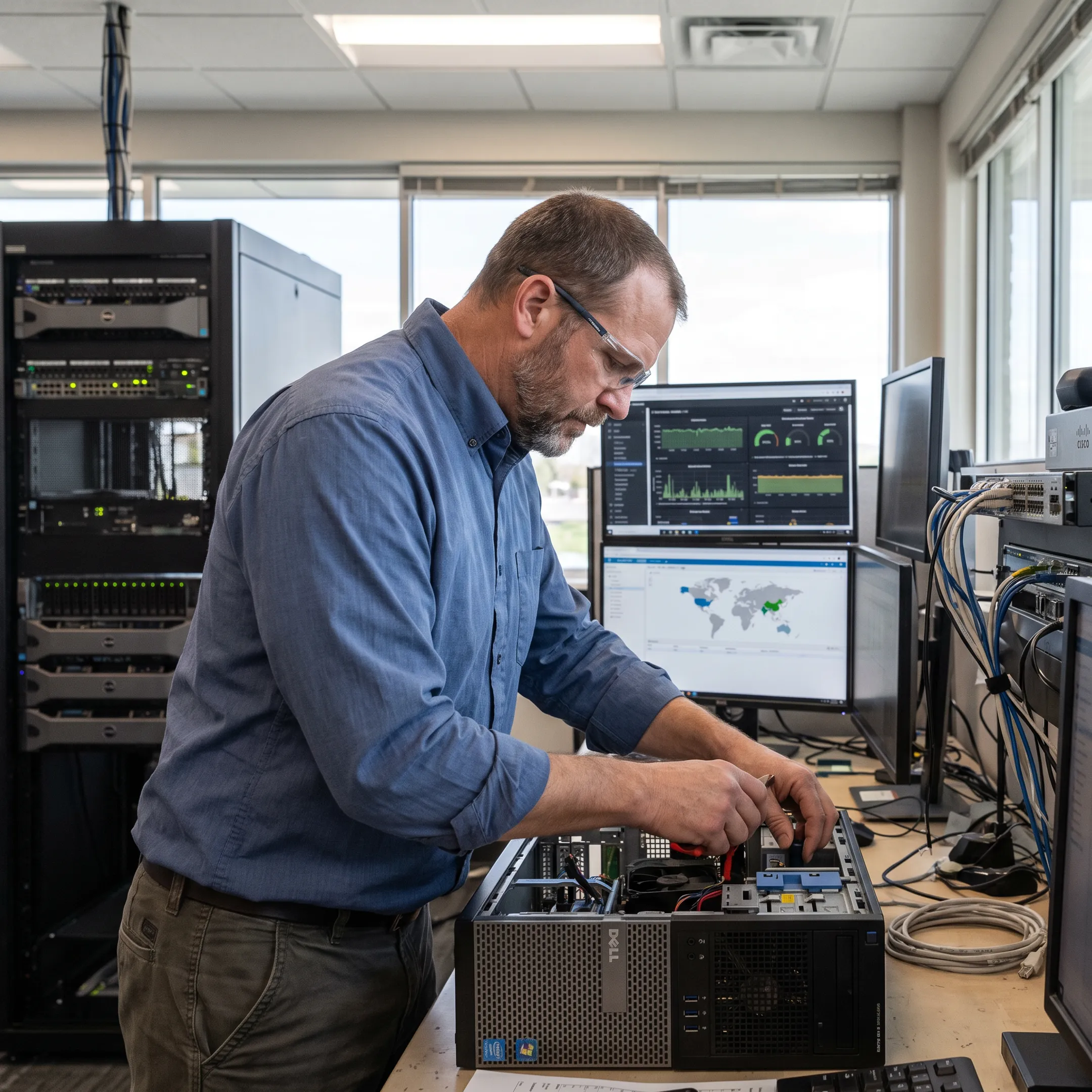 IT technician repairing a business desktop computer