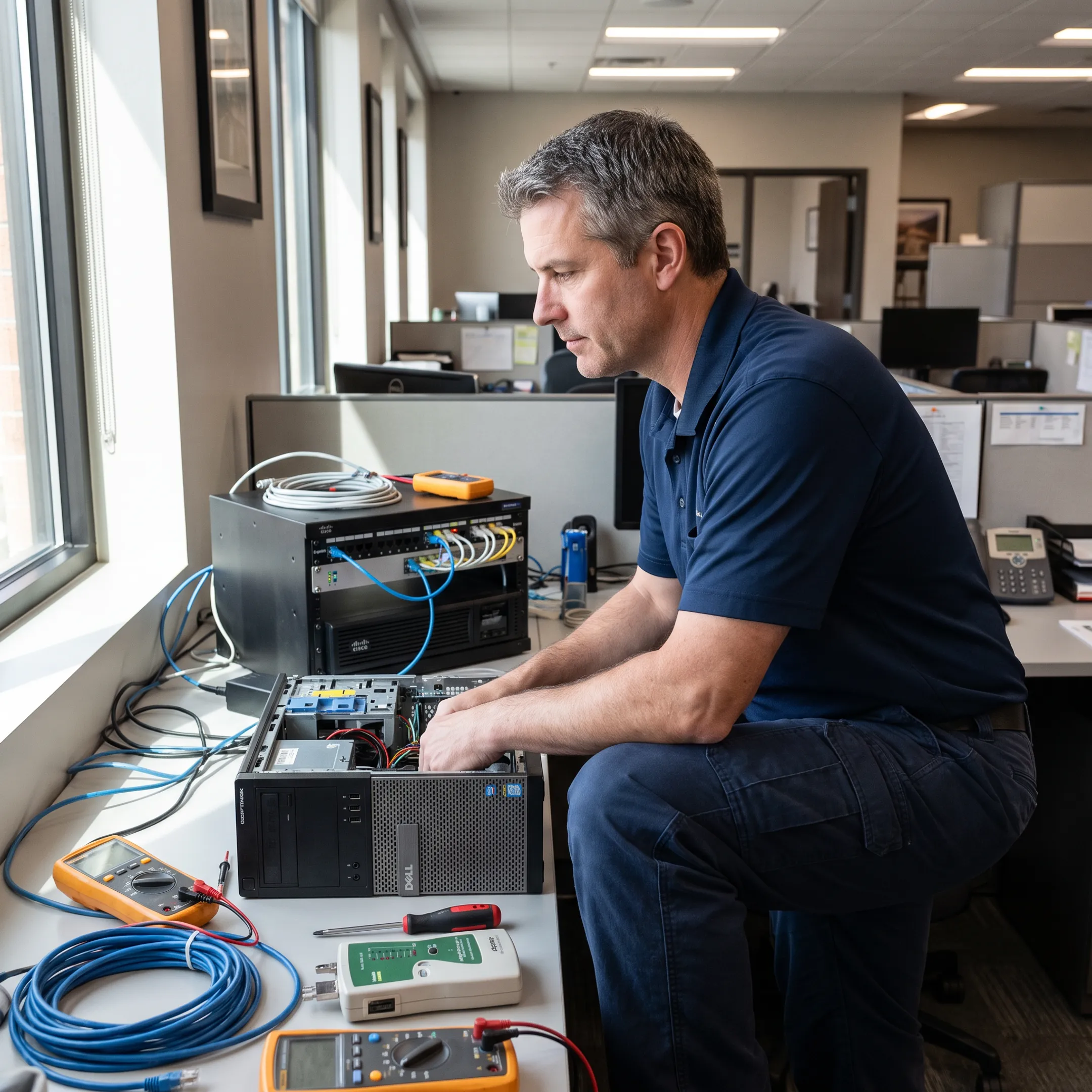 IT technician diagnosing a business computer