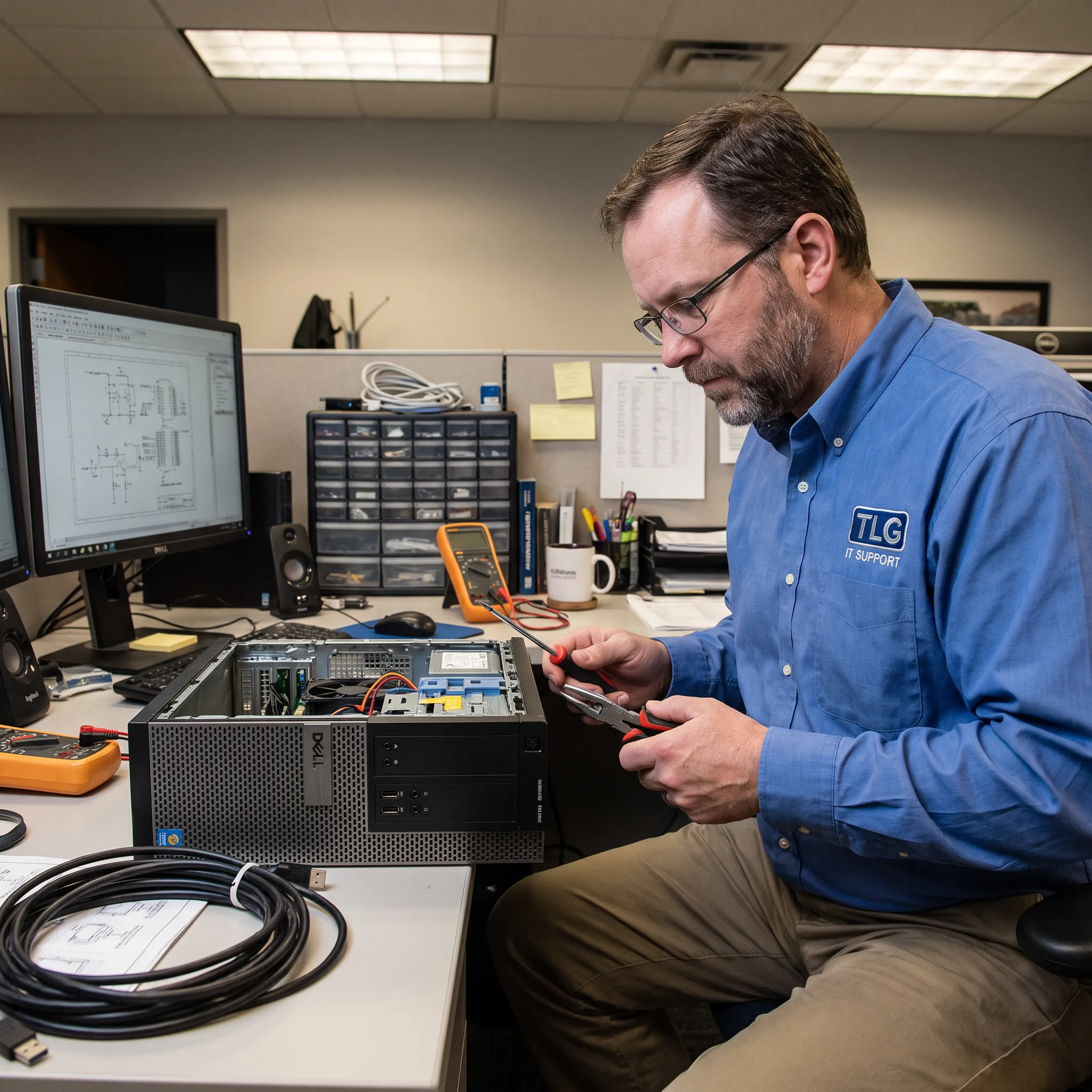 Technician repairing a business desktop computer
