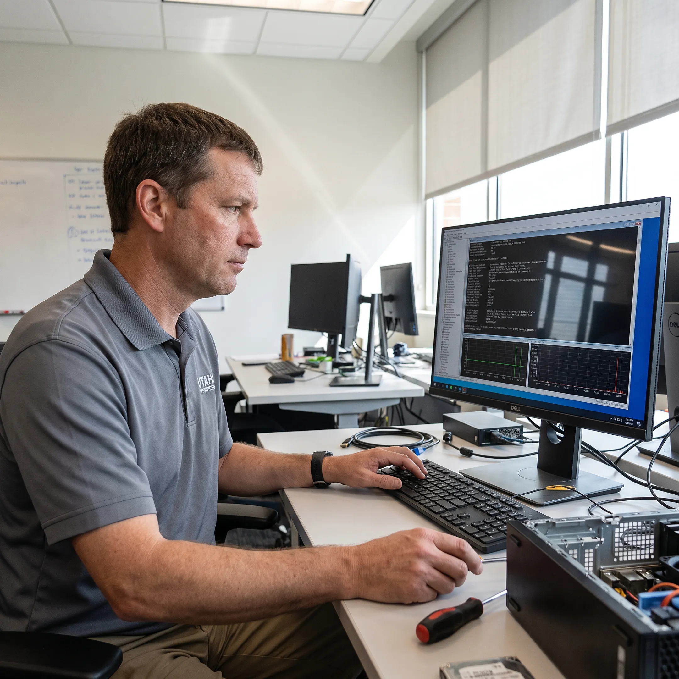 IT specialist troubleshooting an office computer