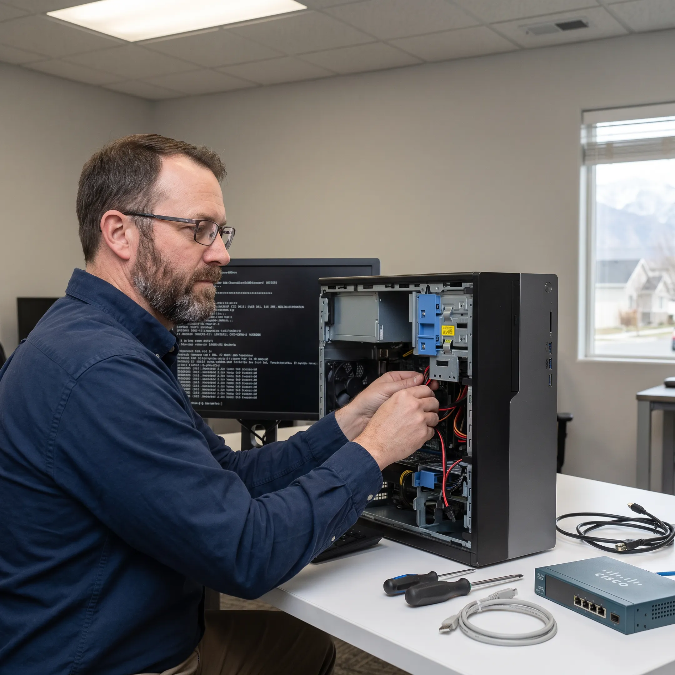IT technician repairing a business computer